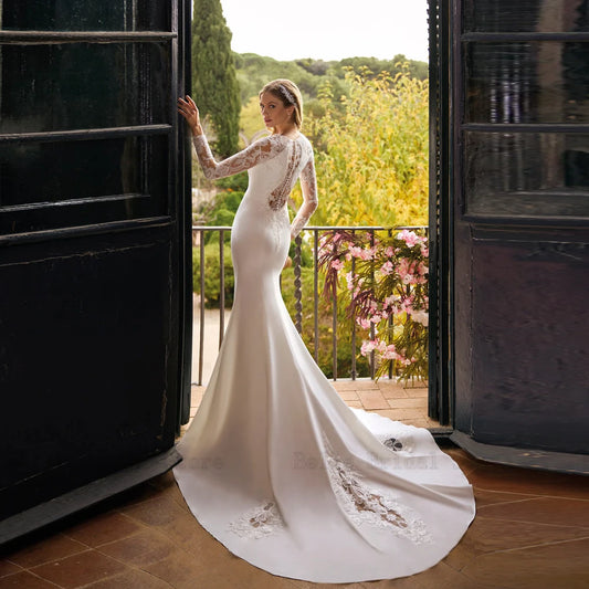 Classic Wedding Dresses V Neck Long Sleeves Bridal Gowns Appliques Back Button Floor Length Mermaid Vestidos De Novia 2024