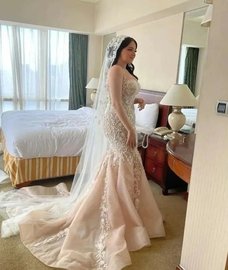 Champagne robes de mariée sirène pêche chérie couche couche robe vestide de novia en dentelle robes de mariée 2024