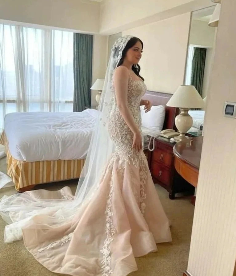 Champagne Mermaid Wedding Dresses Peach Sweetheart Neck Bride Dress vestidos de novia Lace Wedding Gowns 2024