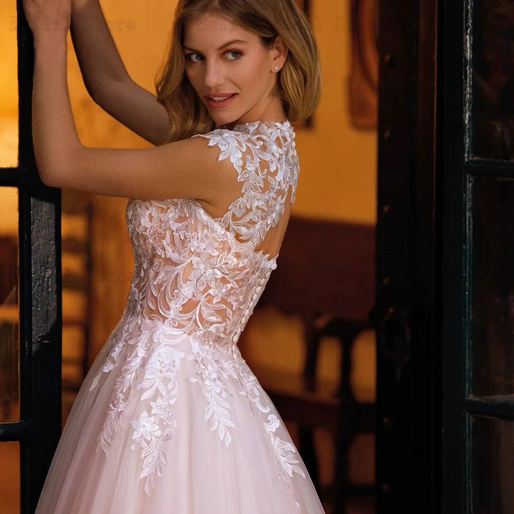 Classic Wedding Dresses Sweetheart Neck Cap Sleeves Bridal Gowns Appliques Back Button Floor Length Tulle Vestidos De Novia 2024