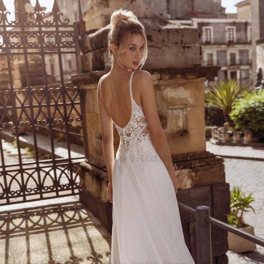 Elegant White Wedding Dresses V Neck A-Line Chiffon Bridal Growns Backless Appliques Sweep Train Summer Vestidos De Novia 2023