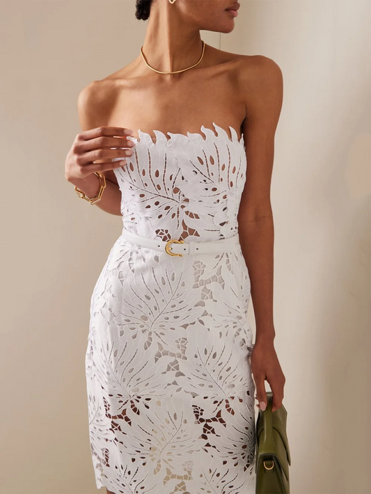 Modphy Elegantes weißes, exquisites, besticktes, trägerloses, knielanges Abendkleid 2023, ärmelloses Party-Outfit aus Spitze für Damen