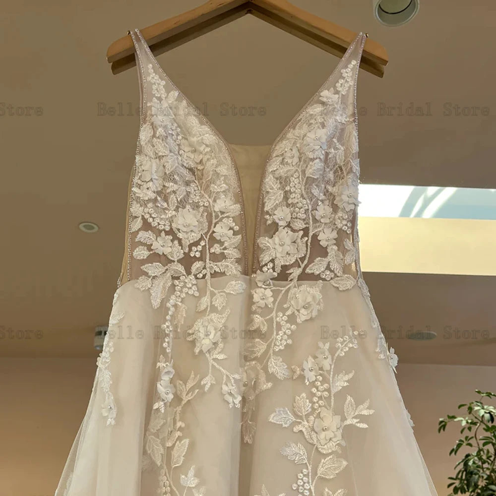 Vestidos de novia exquisitos V para el cuello vestidos de novia sin recolección Apliques ilusiones de tul hasta el piso A-line Robe de Mariee 2023