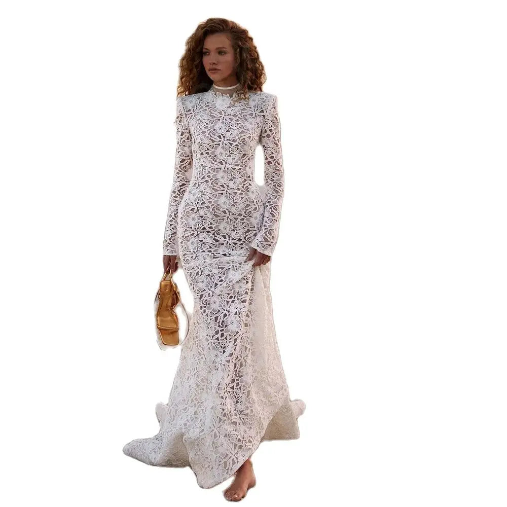 Charming Latest Mermaid Wedding Dresses Lace 2024 Bridal Gowns Long Sleeve High Collar Wedding Gowns Bare Back Robe de mariée