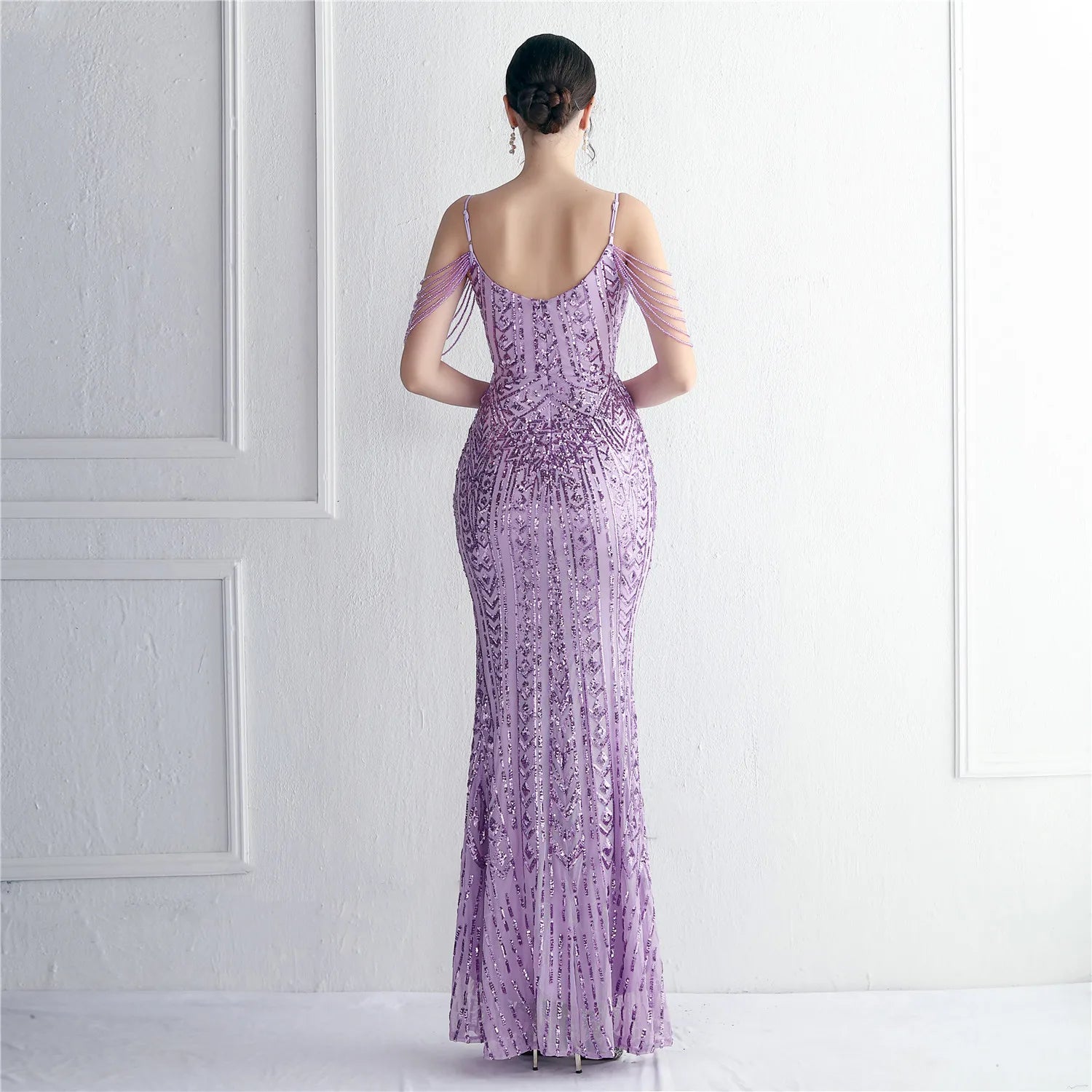 YIDINGZS Women Lavender Sequin Dress Strap Beading Party Maxi Dress Sexy V Neck Evening Dress Long Prom Dress