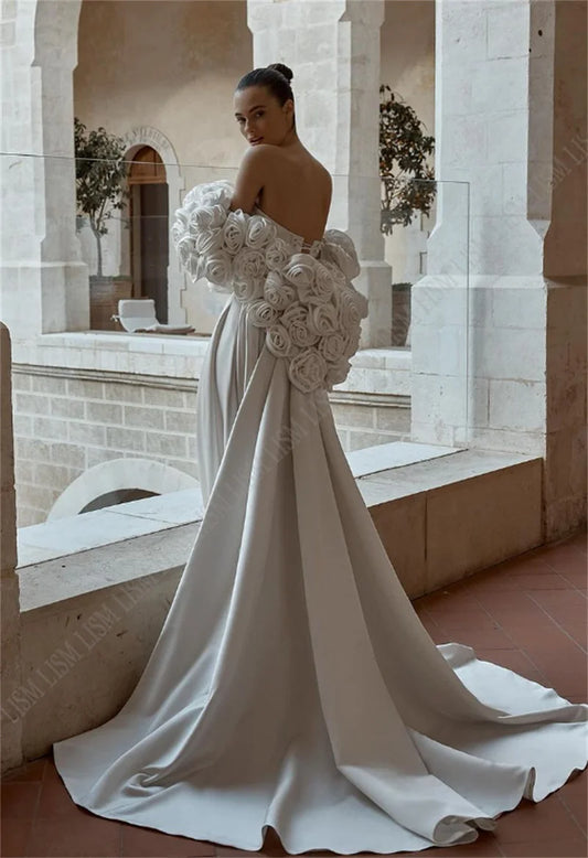 Wunderschöne formelle Brautkleider bodenlangen 3D Blumen Königin Kleid für Frauen lange Schleppe Luxus Schatz Robe De Mariée