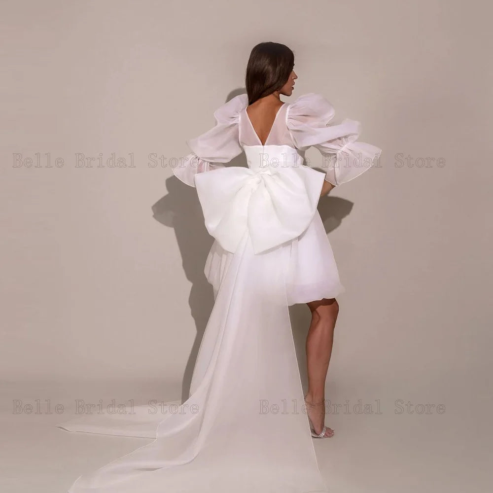 Eleganti abiti da sposa corti Abite per soffioni quadrati abiti da sposa con un grande fiocco a-line sopra il ginocchio mini ف 200 a