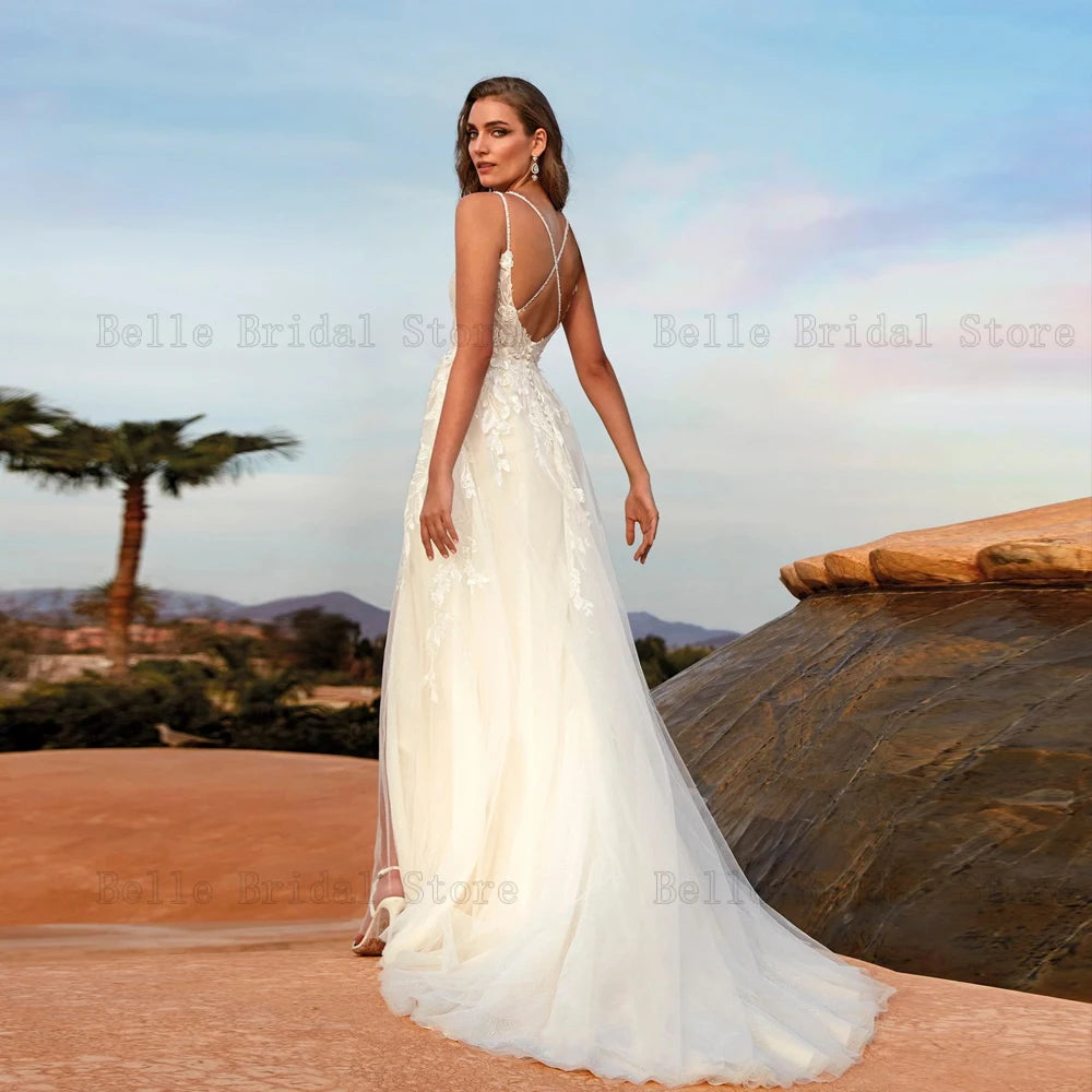 Eleganti abiti da sposa in tulle v al collo maniche abiti da sposa Appliques Lunghezza del pavimento della fessura anteriore senza schienale A-line Vestidos de nolia