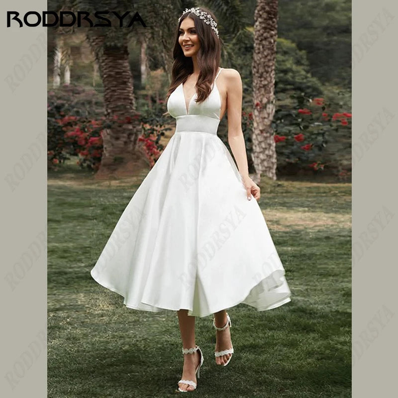 RODDRSYA Princess Wedding Dresses Short V-Neck Bridal Party Romantic Backless Robe De Soirée Satin Spaghetti Strap Bride Gown