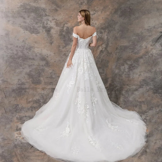 Classic Off Shoulder Wedding Dresses V Neck Sleeveless Bridal Gowns Appliques Floor Length A-Line Tulle Vestidos De Novia 2024