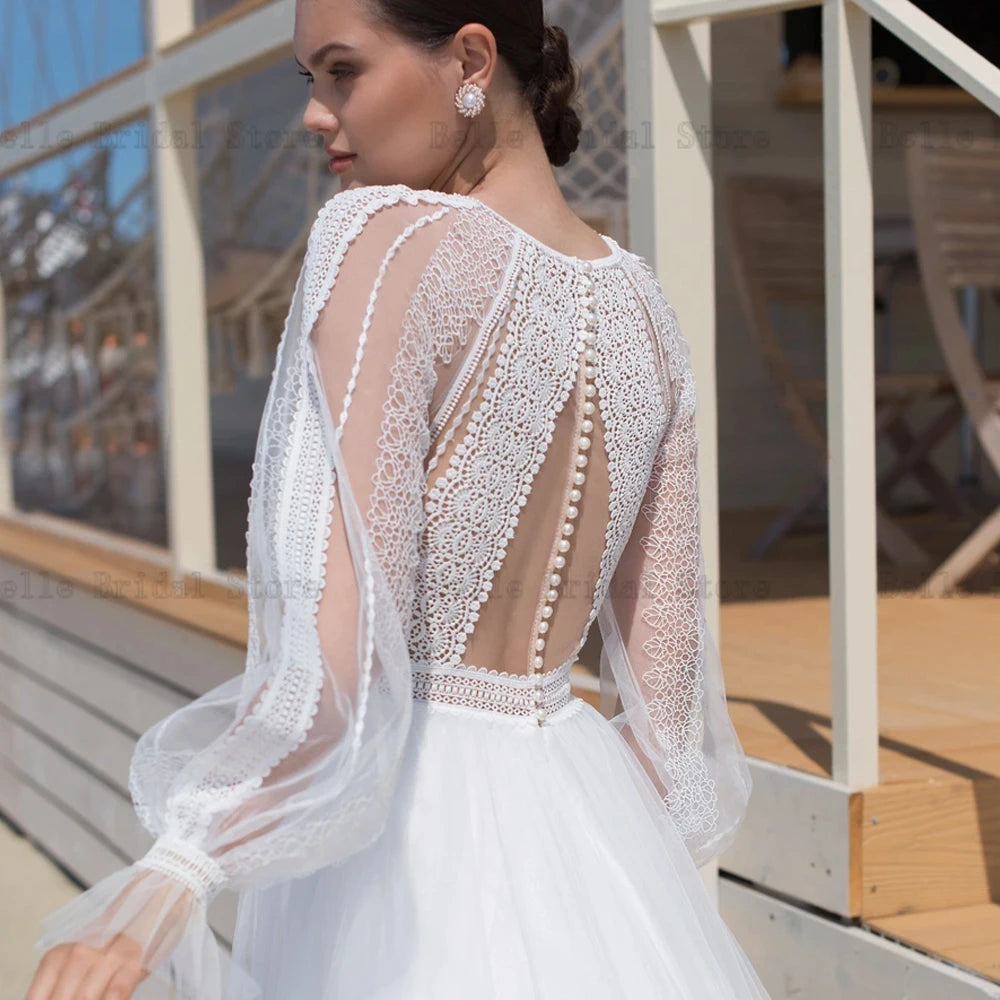 Eleganti abiti da sposa ad A-line gioiello a maniche lunghe abiti da sposa in pizzo illusione del treno tulle vestidos de noni 2024