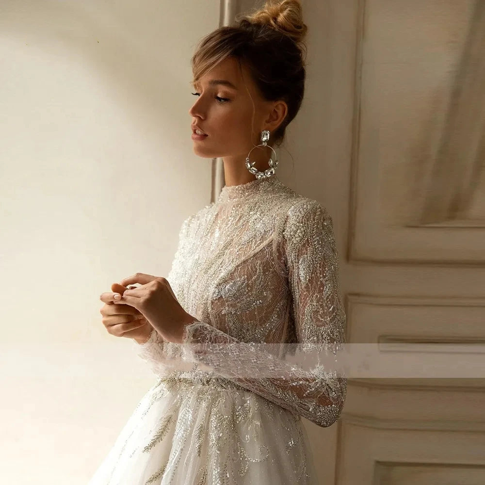 Gorgeous Wedding Dresses A-Line High Neck Bridal Gowns For Formal Party Long Sleeves Lace Appliques Luxury Vestidos De Novia