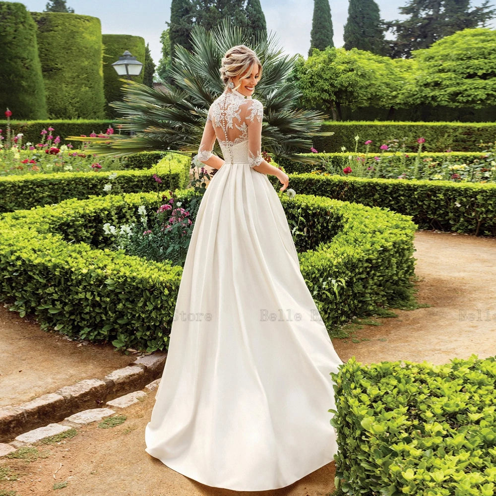 Elegantes vestidos de novia blancos Cuello cuadrado Medias A-Line Gownal Gowns Appliques Satin hasta el piso сваде premtar платье 2023