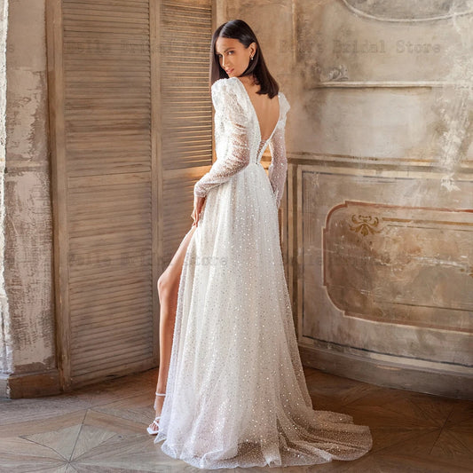 Sparkly Puff Sleeves Wedding Dresses V Neck Bridal Gowns Sequined Pearl Backless Sweep Train Front Slit A=line Vestidos De Novia