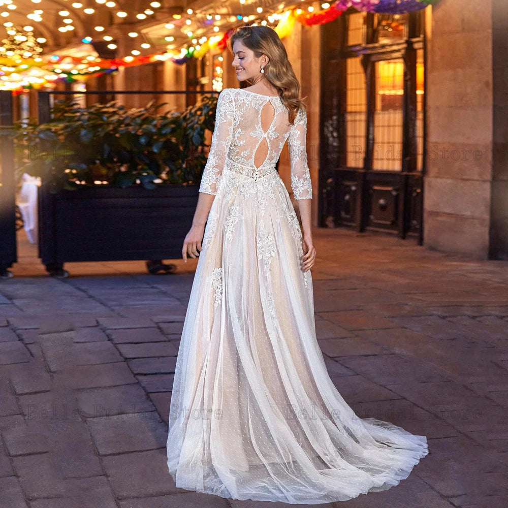 Pastrol Tulle Wedding Dresses V Neck 3/4 Sleeves Illusion Bridal Gowns Appliques Sweep Train A-Line Vestidos De Novia 2024