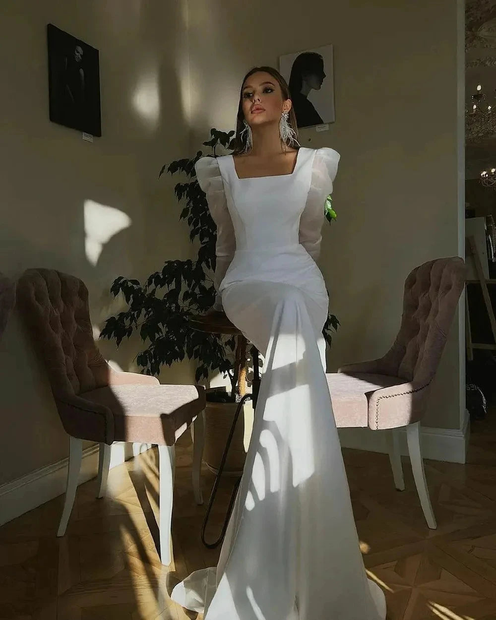 Classic Satin Wedding Dresses Mermaid Puff Sleeves Square Neck Bridal Gown With Button Beach Bride Dress Customize To Measure