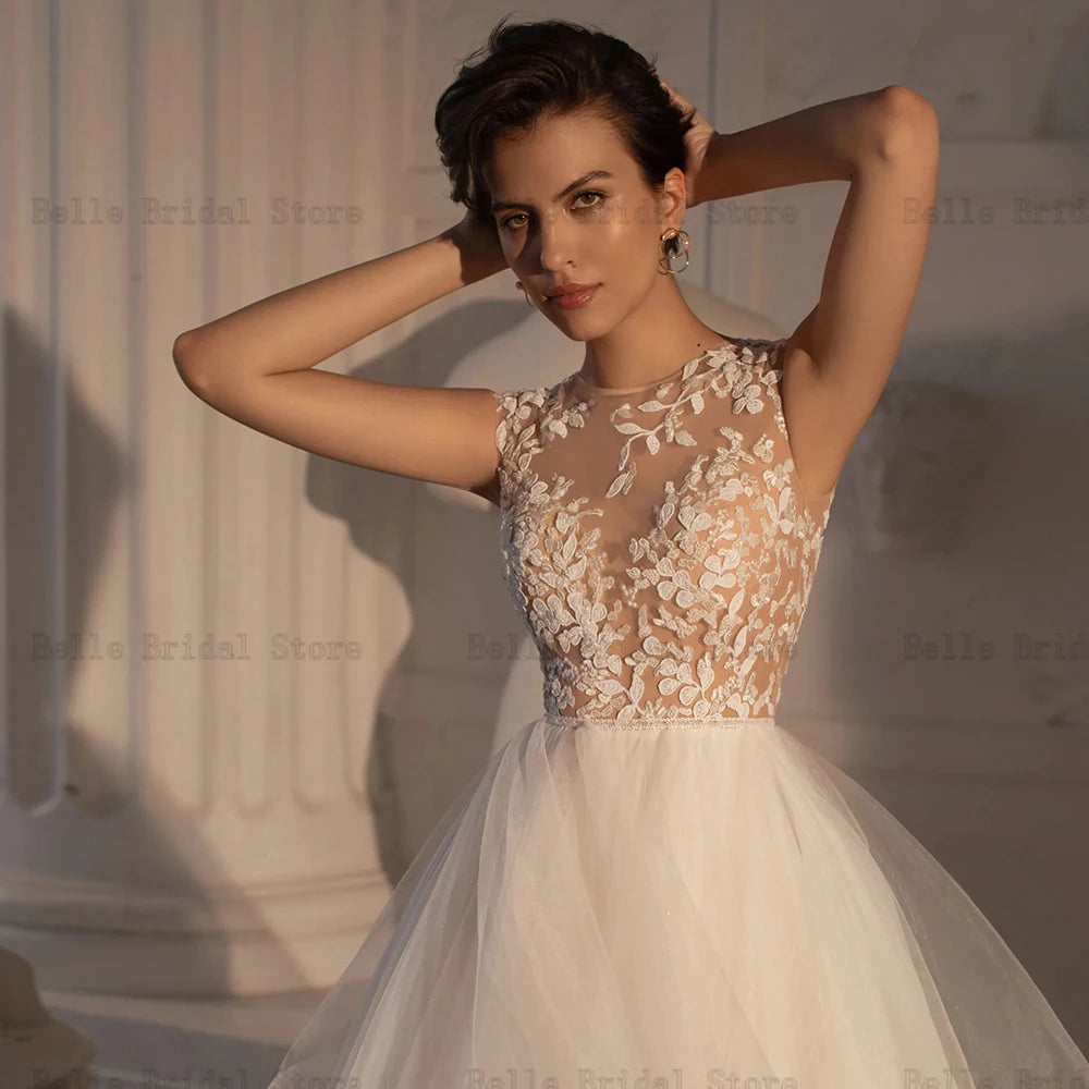 Eleganti abiti da sposa o cumi da sposa senza maniche per il collo APPLICE A-LINE SWEEP TRING ORGANZA ILLUSI