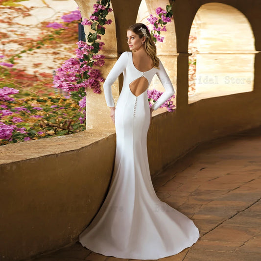 Simple Mermaid Wedding Dresses V Neck Long Sleeves Bridal Gowns Back Button Floor Length Jersey Vestidos De Novia 2024