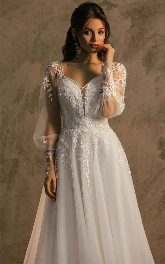 Einfaches A-Linien-Hochzeitskleid für Frauen mit langen Ärmeln, sexy V-Ausschnitt, rückenfreie Brautkleider mit Applikationen, Sweep-Trage, maßgeschneidert