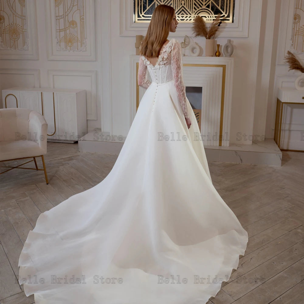 Elegante Brautkleider Schatz Hals Lange Ärmel Brautkleider Appliques Zurück Taste Sweep Zug A-linie свадебное платье 2023