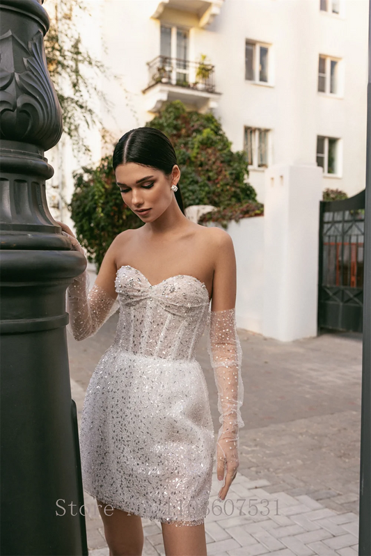 Elegant Off the Shoulder Sweetheart Collat Wedding Dress for Bride Sequins Pleated A-line Short Wedding Gown robe de mariée