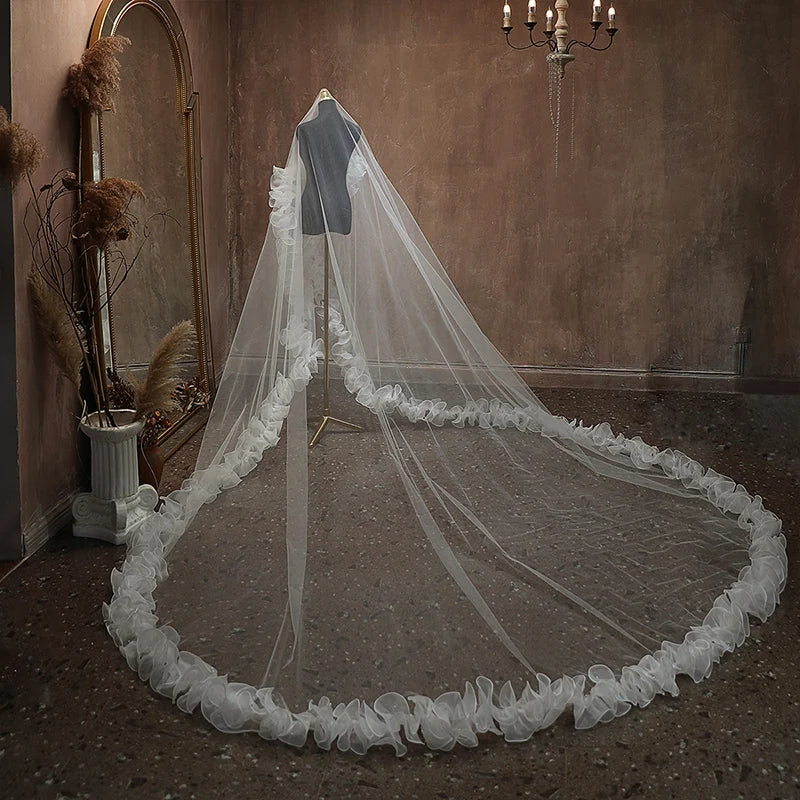 1T Long Wedding Velo con volantes Organa Edge Tulle Bridal Velo Bride Veils Accesorios de boda