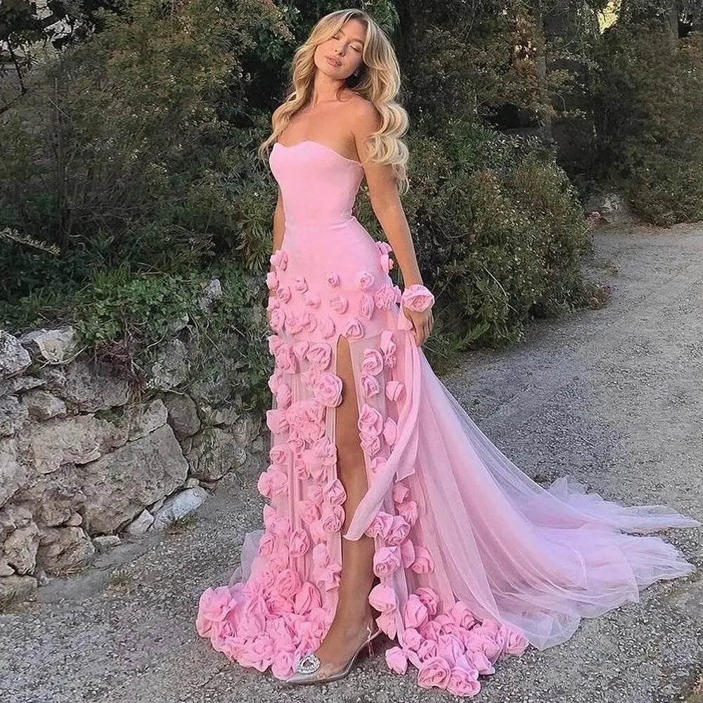 Vestidos de noite de flores rosa elegantes para mulheres casamentos ocasiões formais de fenda longa fenda