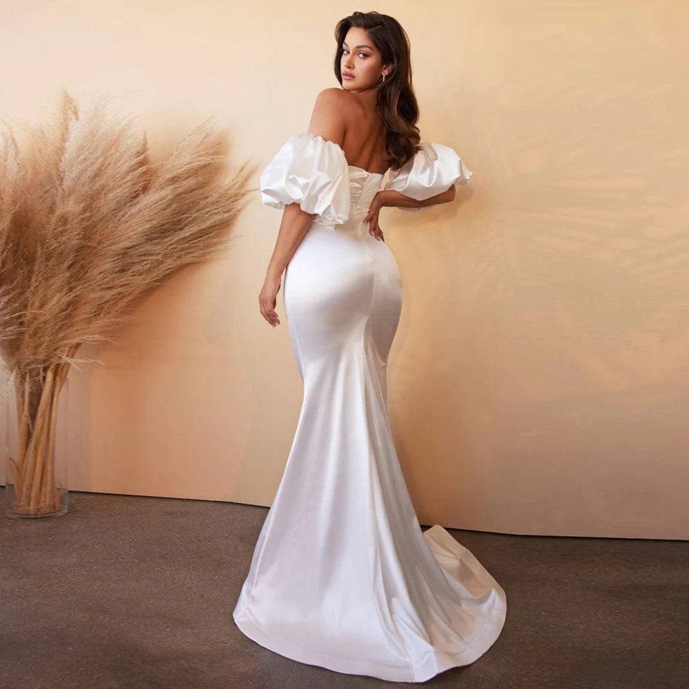 Simple Strapiess Satin Wedding Dresses for Detachable Puff Sleeves Bridal Growns with Floor-Length Vestidos De Novia Backless