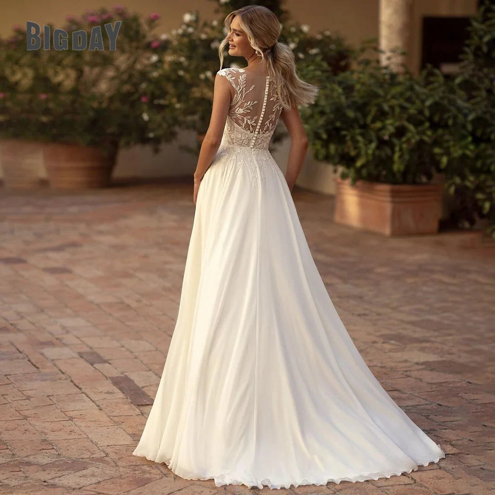 Elegante abito da sposa in pizzo boho 2024 Chiffon O-Neck Illusi