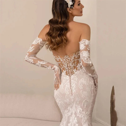 Luxury Wedding Dress Women Mermaid Open Back Lace Sweetheart Long Sleeve Bridal Gown Court Train Vestidos De Novia