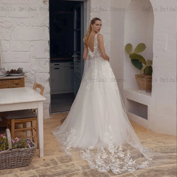 Classic Ivory Wedding Dresses V Neck Backless Bridal Growns Appliques Illusion Sweep Train A-line Tulle Vestidos De Novia 2023