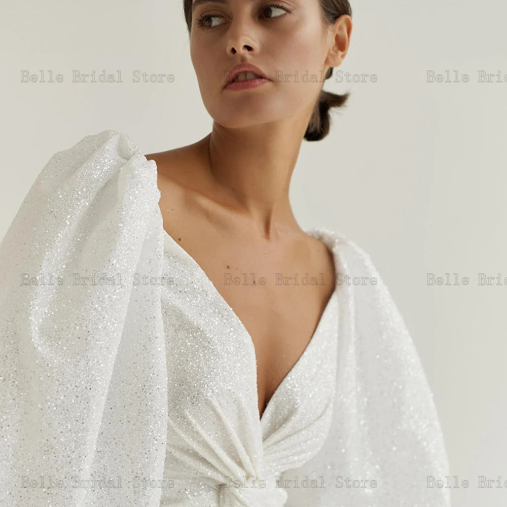 Sparkly Kurze Hochzeit Kleider für Frau V Neck Lange Puff Ärmeln Sexy Mini Brautkleider Falte Über Knie свадебное платье 2023