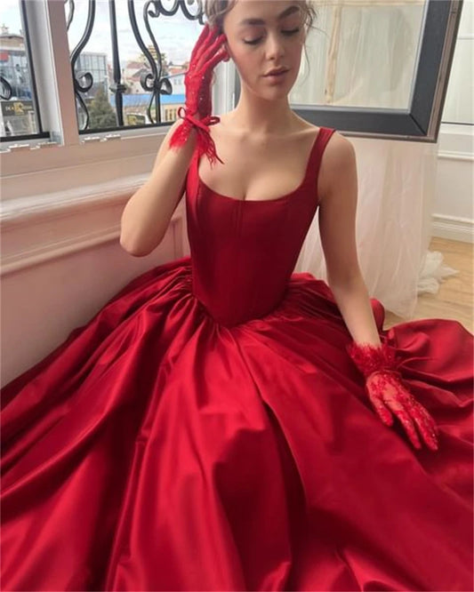 Red Sleeveless Satin Evening Dresses Slit Square Neck A Line Bride Gowns Formal Prom Dress Floor Length Women Wedding Guest Gown