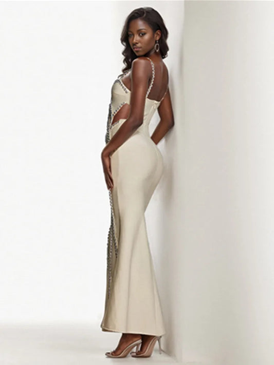Women Celebrity Sexy Beading Cut Out Diamonds Beige Long Maxi Bandage Dress 2024 Elegant Evening Club Party Dress