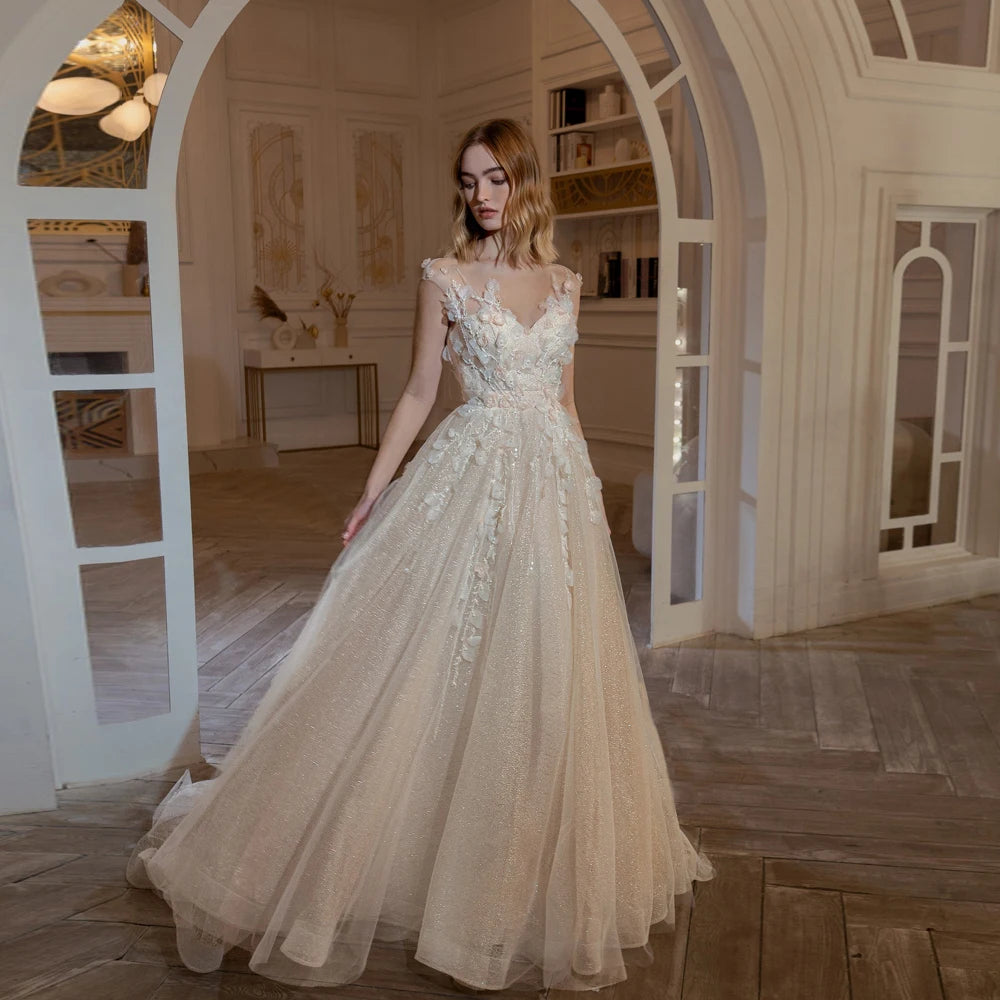 Glitter Wedding Dresses Jewel Neck Cap Sleeves Bridal Gowns Beads Flowers Backless Sweep Train A-Line Tulle Vestidos De Novia