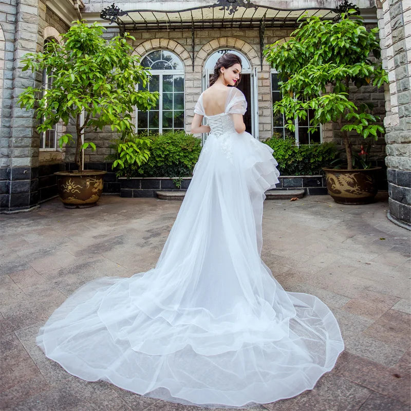 A822 Illusion Front Short and Long Back Trailing Style  Wedding Dress/Bride Wedding Gown