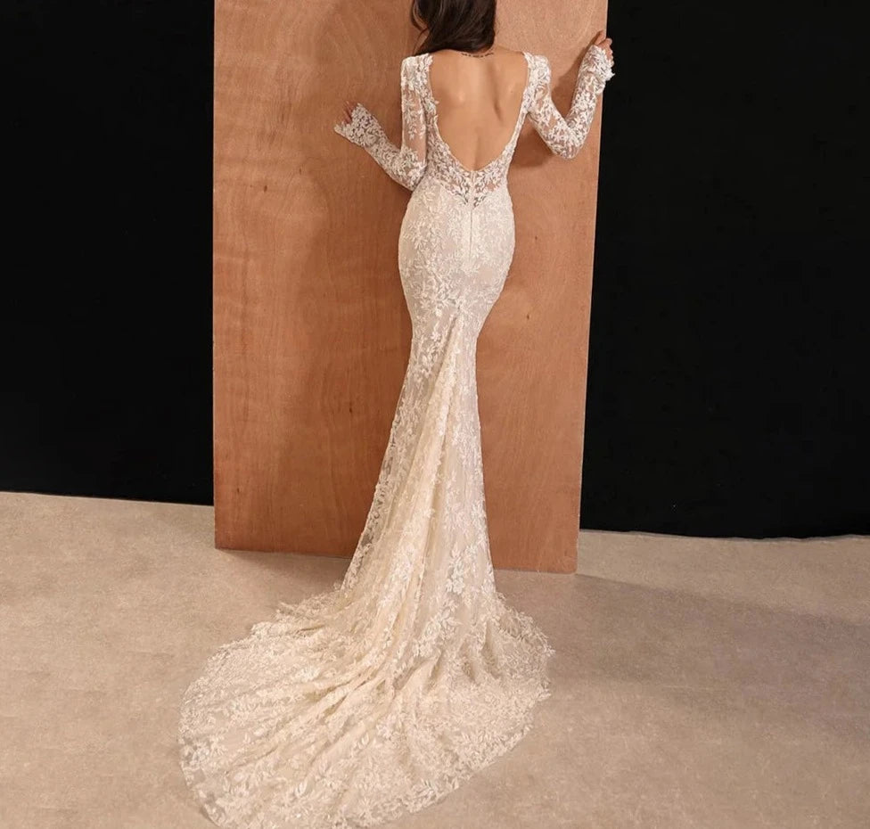 Mermaid Classy Wedding Dress For Women Lace Appliques Off  Shoulder Bride Gown Long Sleeve Bridal Robes Backless Robe De Mariée