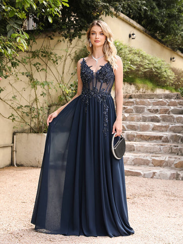 Spaghettiträger Marineblau A-Linie Abendkleider 2024 Elegante Perlenapplikationen Illusion Ballkleider Formale Party Vestido De Gala