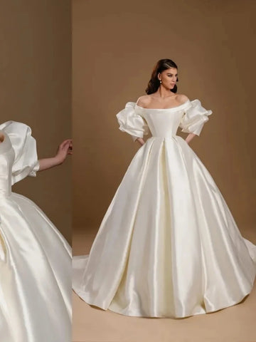 Elegant Vintage Plus Size Ball Gown Wedding Dresses Puffy Sleeves Pleats Draped Satin Court Train Bridal Gowns vestido