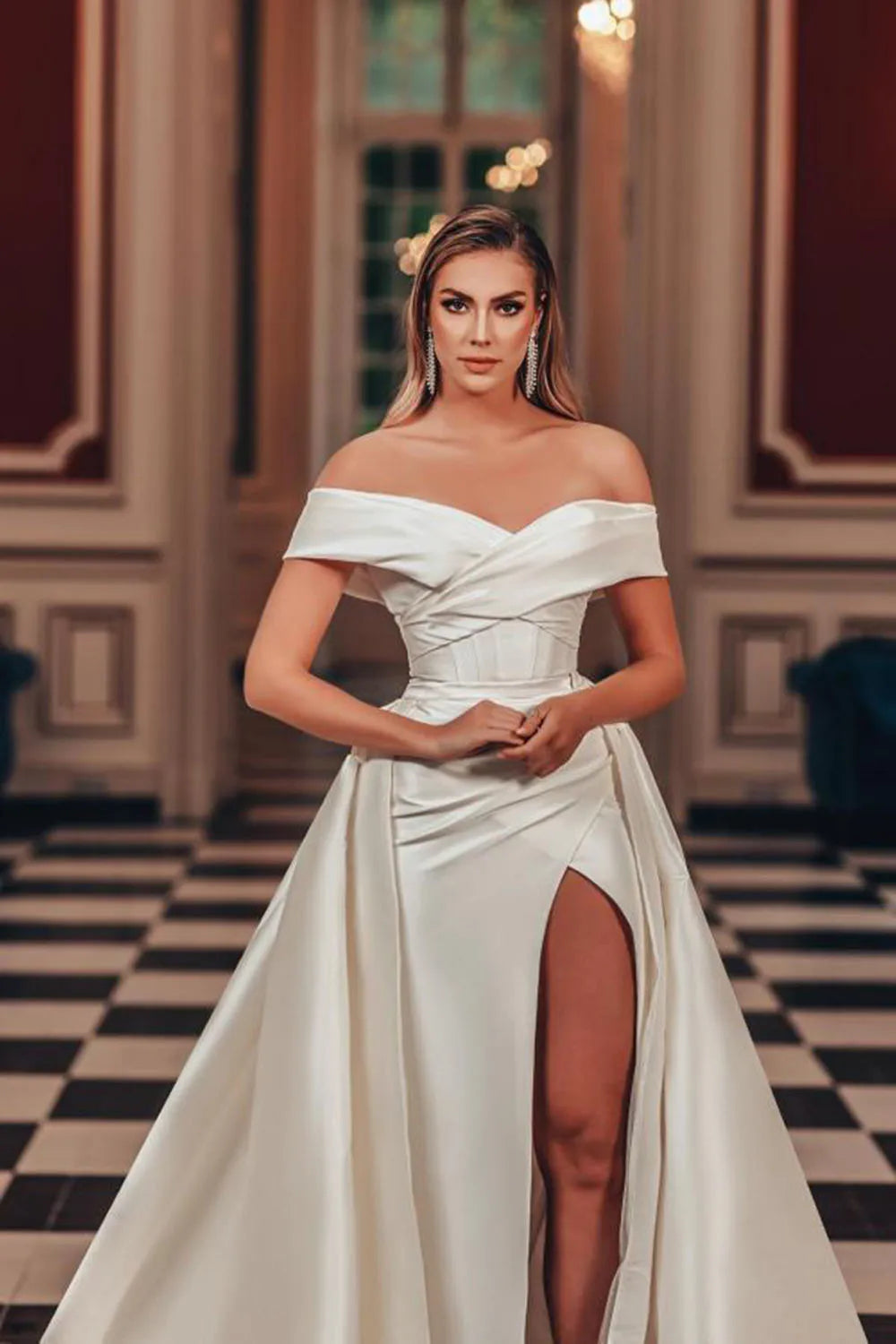 SoDigne Sexy Off The Shoulder Brautkleider Seitlich geteilt Abnehmbare Schleppe Brautkleider Damen Elegantes Partykleid für die Braut