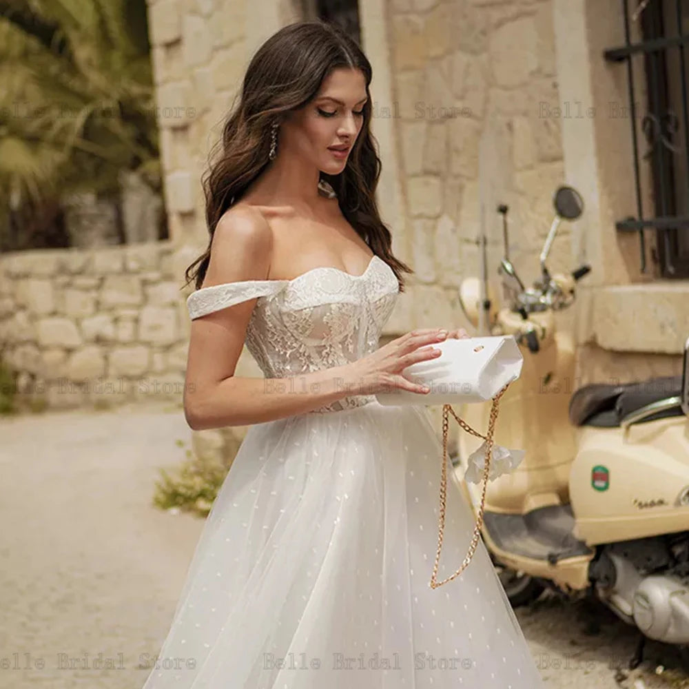 Vestidos de novia cortos de la línea de playa para el cuello de verano para el cuello nupcial Apliques fuera del hombro Rente de longitud del té de Mariée