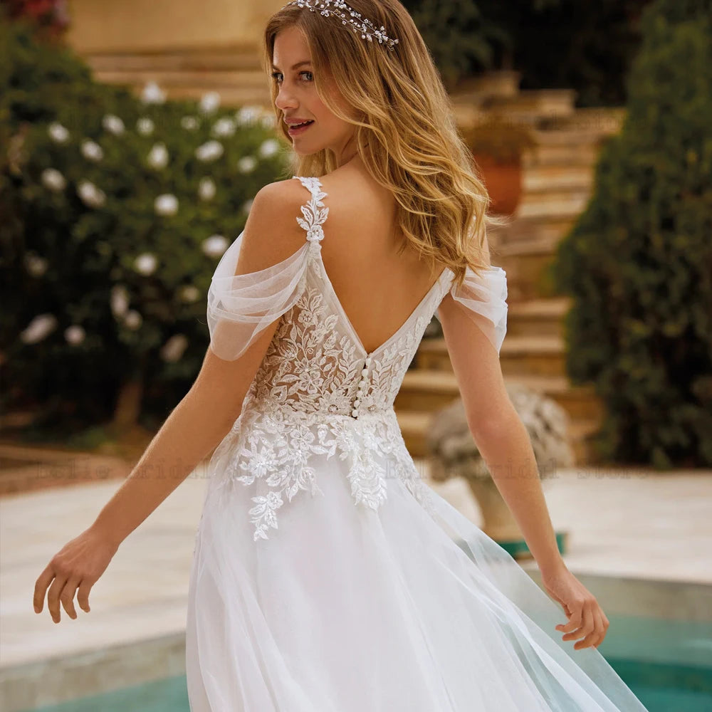 Eleganti cinghie di spaghetti abiti da sposa a vccuntuli per abiti da sposa senza maniche per pavimenti lunghezza del pavimento di tulle a-line vestidos de nolia