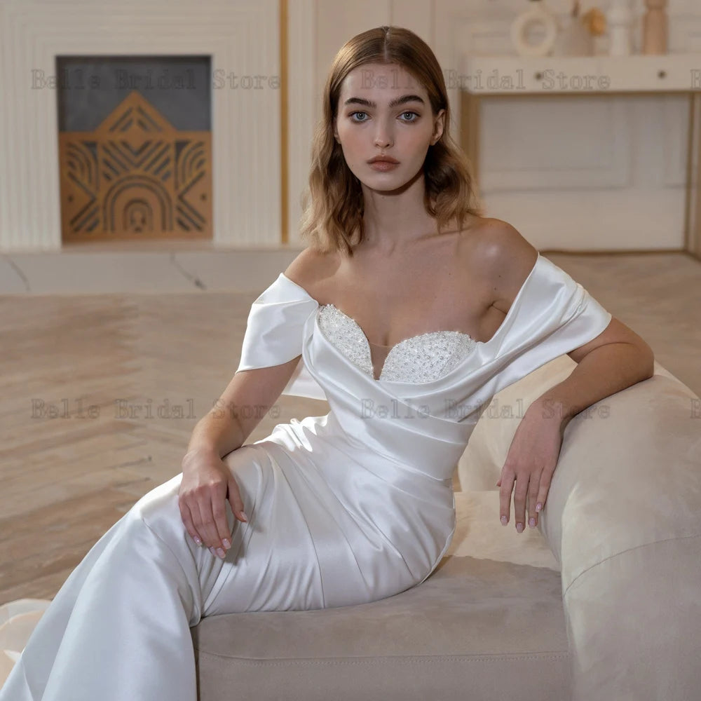 Elegant Off Shoulder Wedding Dresses Sweetheart Neck Bridal Gowns Beads Pleat Sweep Train Mermaid Satin Vestidos De Novia 2023