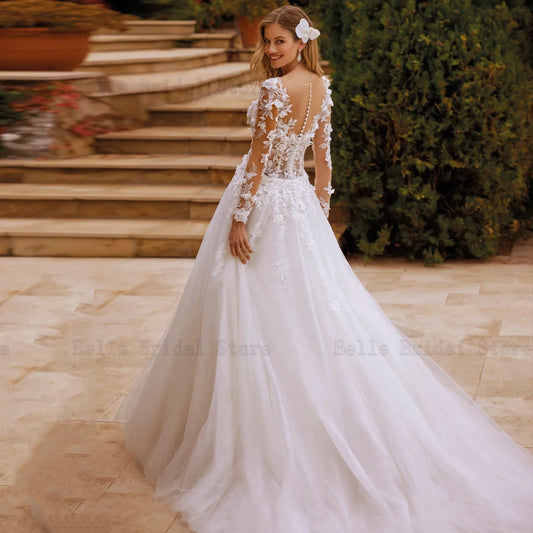 Classic A-Line Wedding Dresses O Neck Long Sleeves Bridal Gowns Applique Back Button Illusion Floor Length Vestidos De Novia