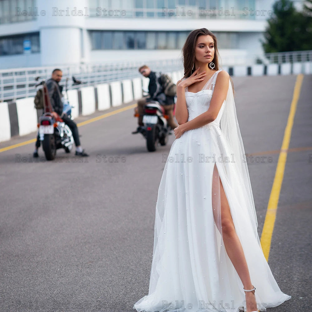 Elegant White Wedding Dresses Sweetheart Neck Bridal Gowns Pearl Back Lace up Floor Length High Slit A-Line Tulle Robe De Mariee