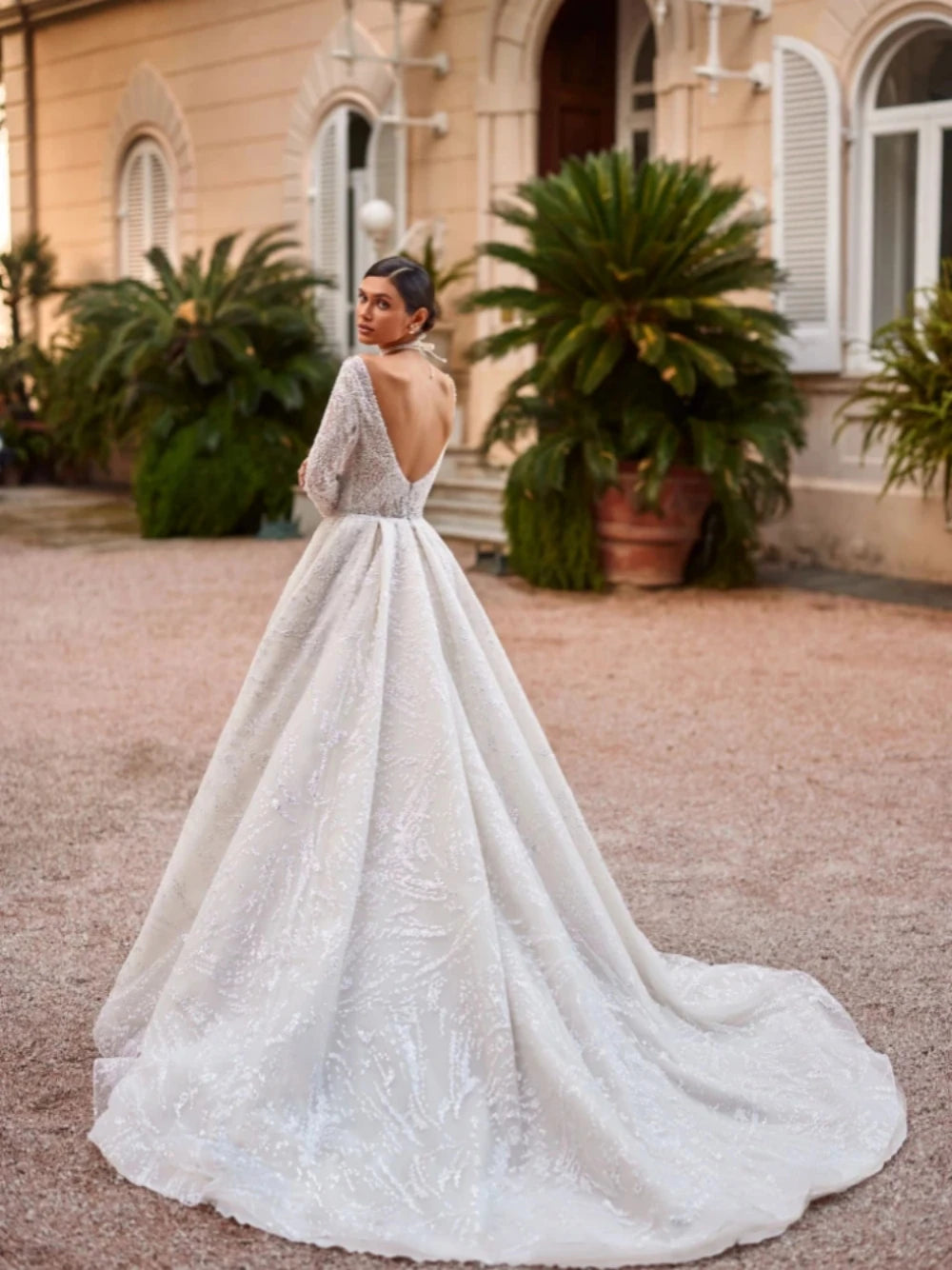 Abito da sposa classico a maniche lunghe con scollo o scintillante perle glitter sposa sposa abito elegante abito da sposa a-line lungo da sposa