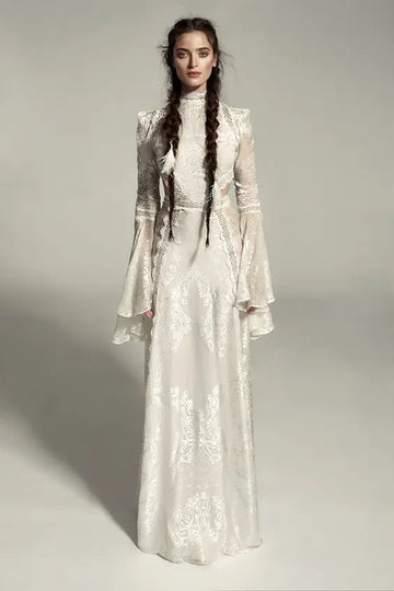Bohemian Beach Wedding Dresses 2024 Full Lace Applique Mermaid Long Sleeve Summer Holiday Country Birdal Gown