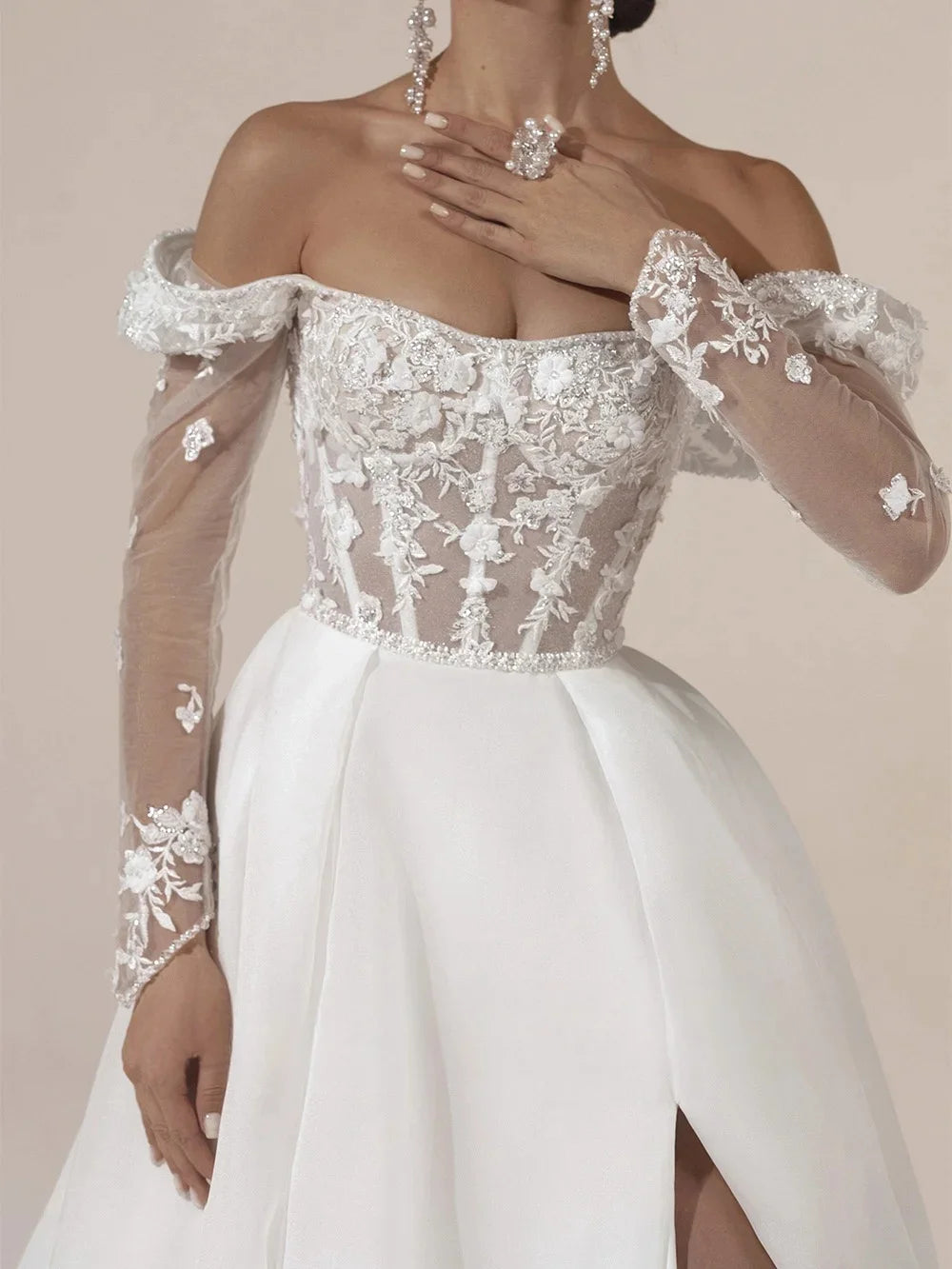 Square Collar Vestidos De Novia Backless A Line Organza Long Sleeves Wedding Dresses Appliques Vestido De Noiva