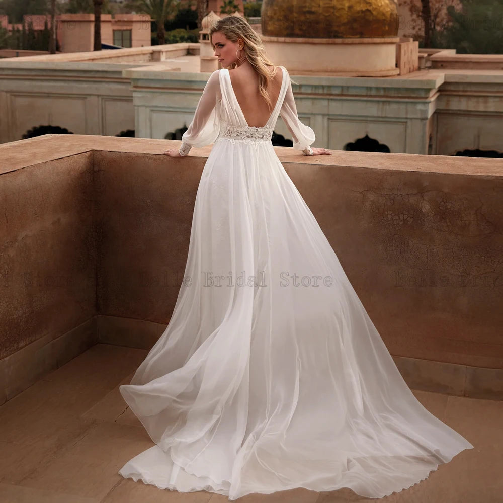 Eleganti abiti da sposa a V sul collo Abite da sposa APPLICI ILLUSILI ILLUMI ILLUSIONE TRAIN A-LINE VESTODOS DE NEVIA 2024