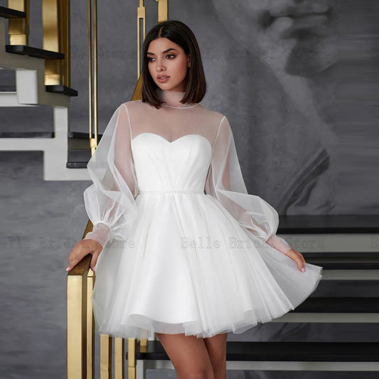 Sexy White Short Wedding Dresses High Neck Long Sleeves Bridal Gowns Back Lace Up Above Knee Mini A-Line Tulle Vestidos De Novia